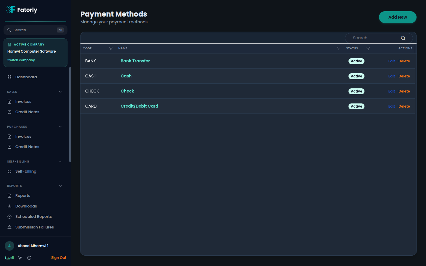 The Fatorly Payment Methods list