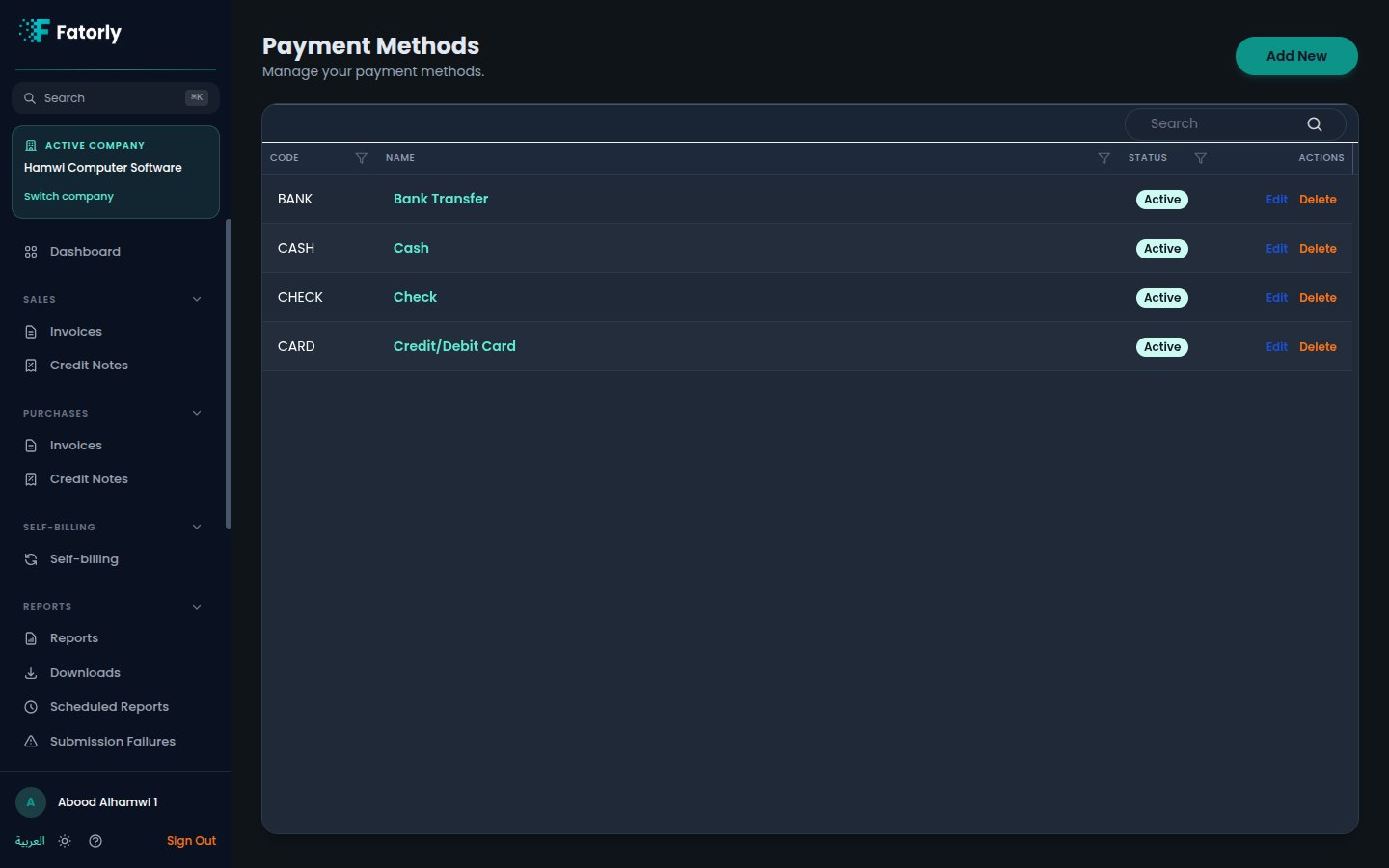 The Fatorly Payment Methods list