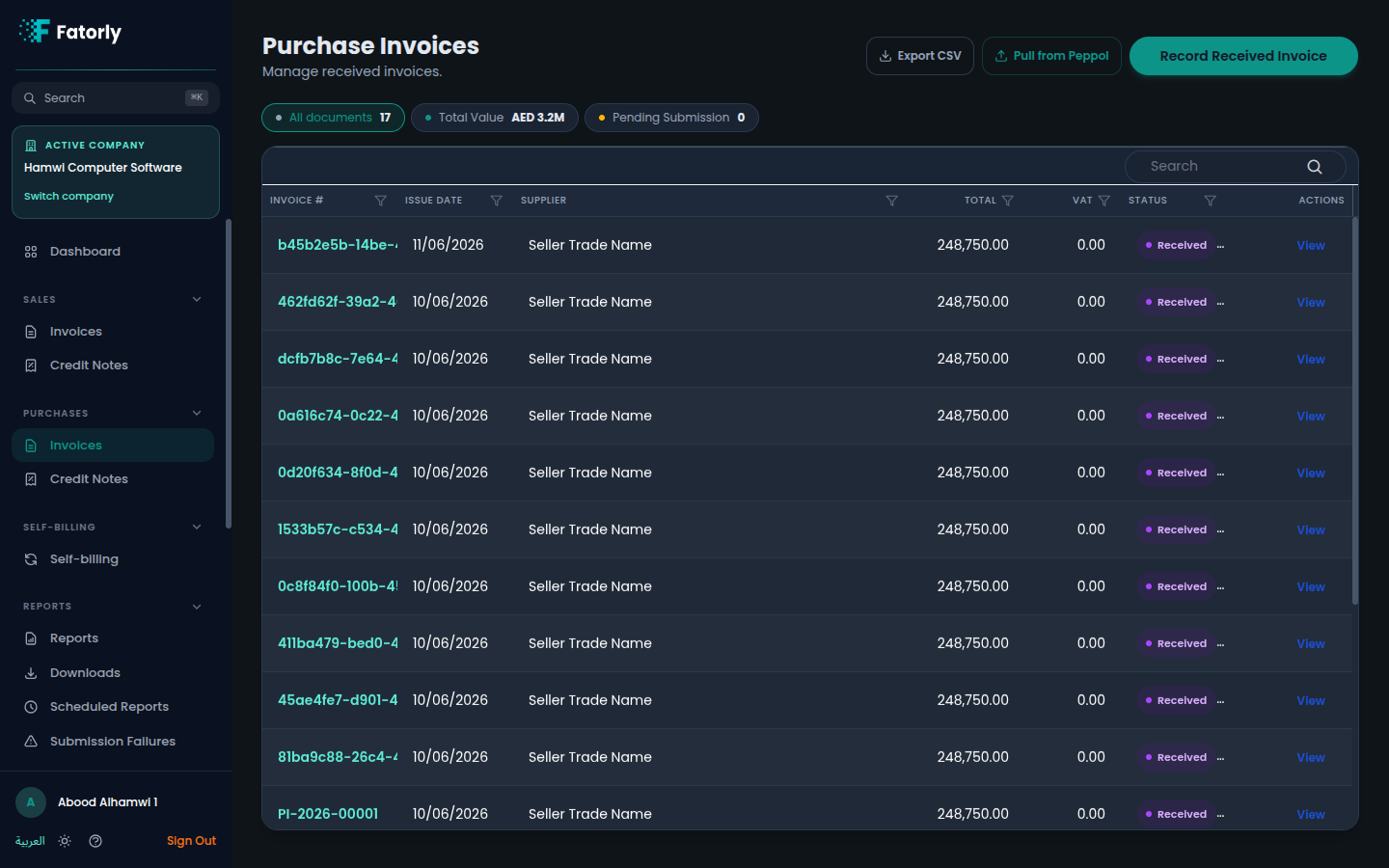 The Fatorly Purchase Invoices list