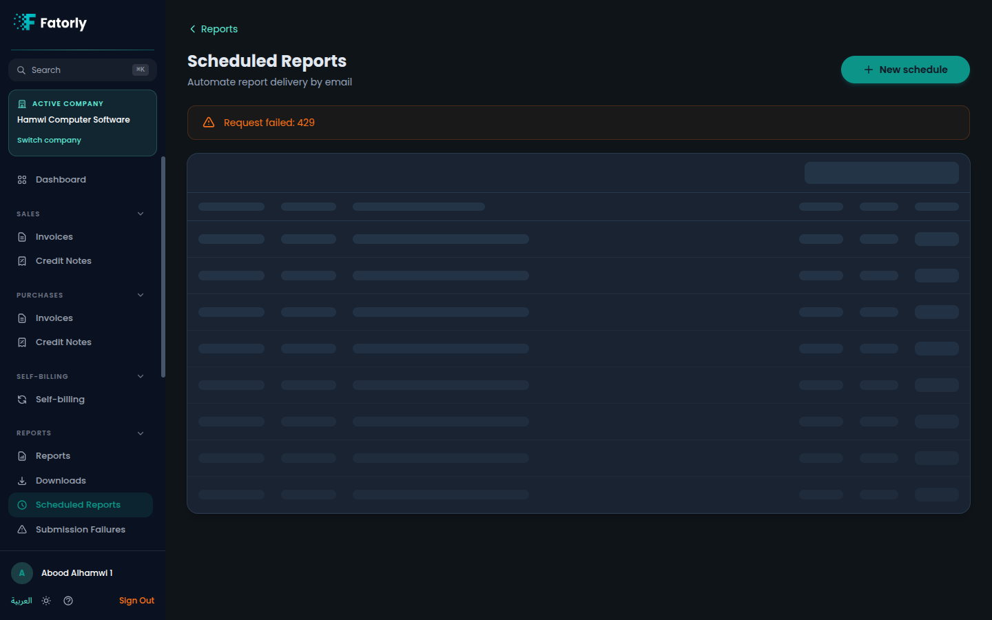 The Fatorly Scheduled Reports list
