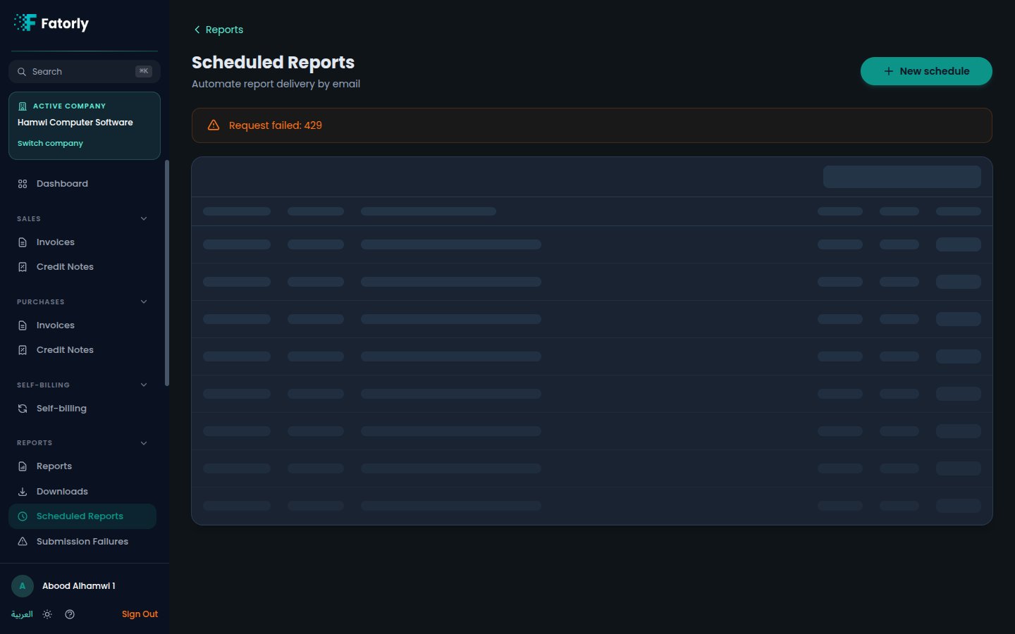The Fatorly Scheduled Reports list