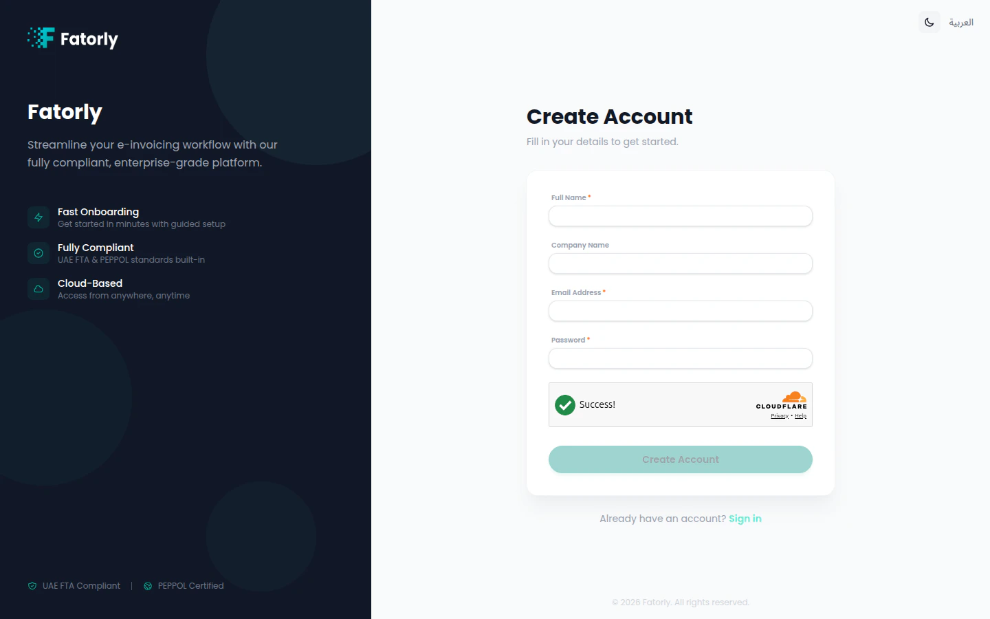 Fatorly Create Account page