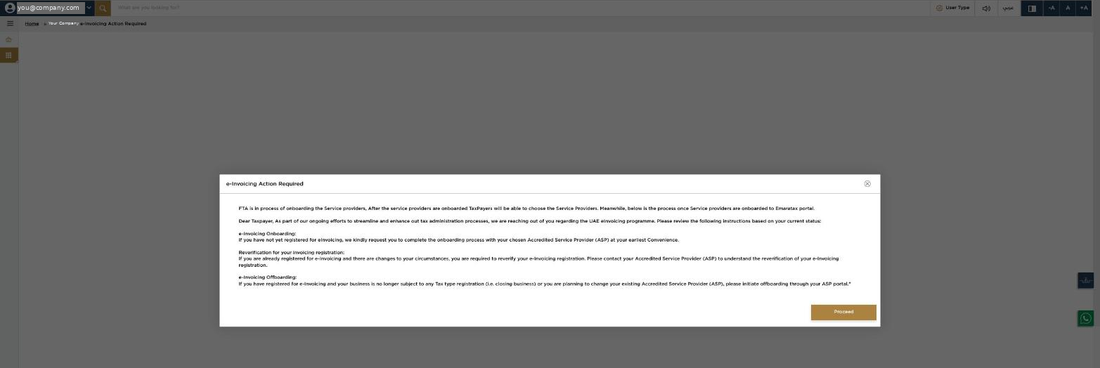 The e-Invoicing Action Required popup listing Onboarding, Reverification and Offboarding