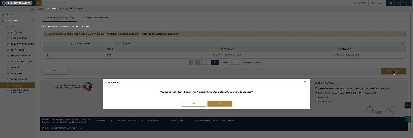 EmaraTax confirmation popup before handing over to the service provider