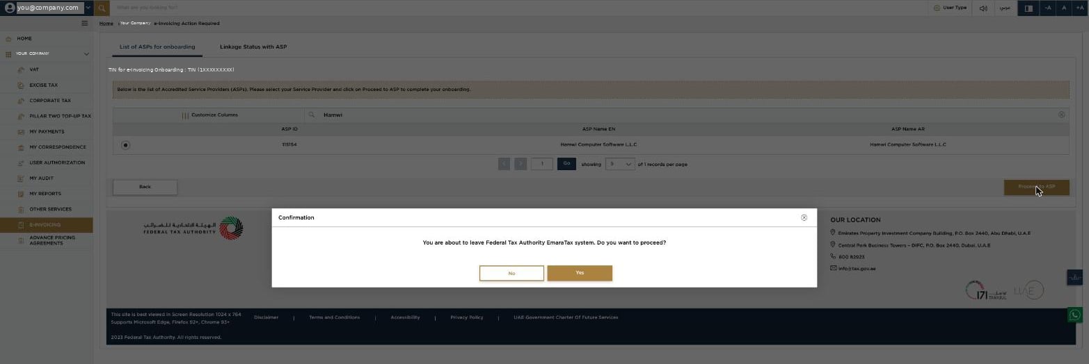 EmaraTax confirmation popup before handing over to the service provider