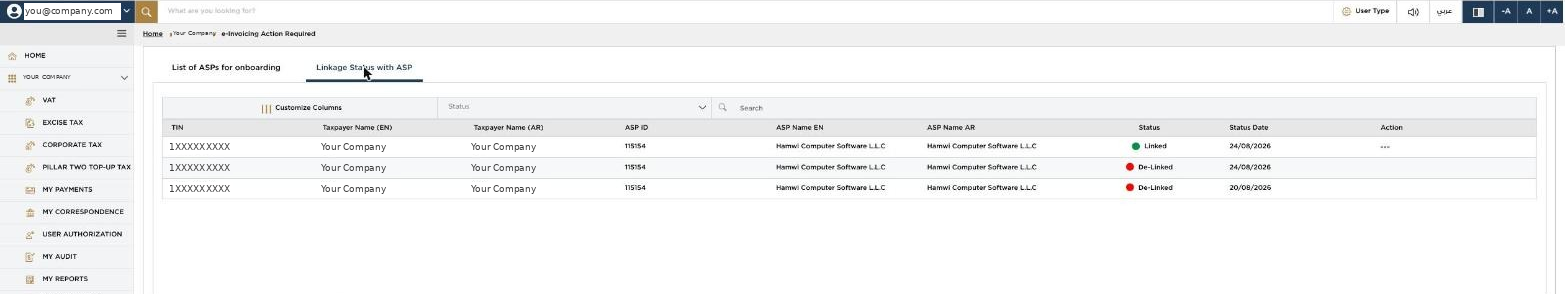 The EmaraTax Linkage Status table showing a Linked row