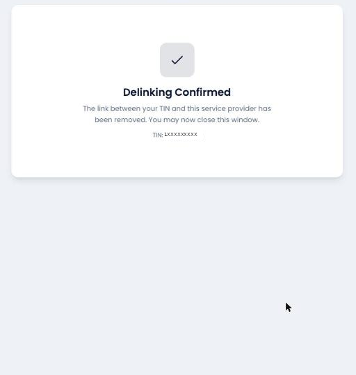 Delinking Confirmed screen, showing the delinked TIN