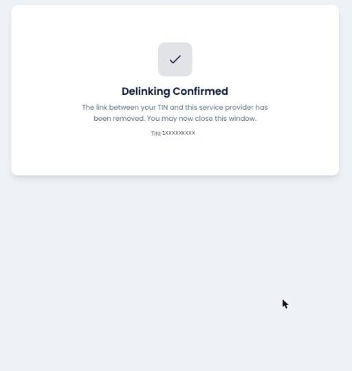 Delinking Confirmed screen, showing the delinked TIN