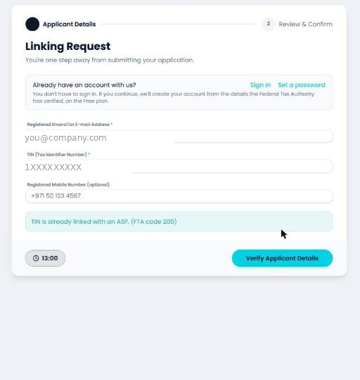 The wizard showing the FTA rejection: TIN is already linked with an ASP, FTA code 200