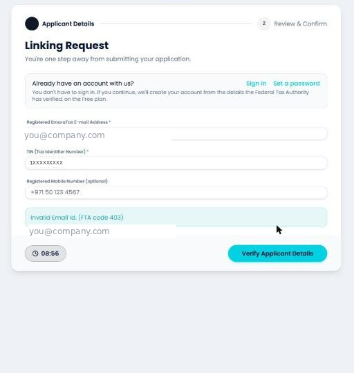 The wizard showing the FTA rejection: Invalid Email Id., FTA code 403