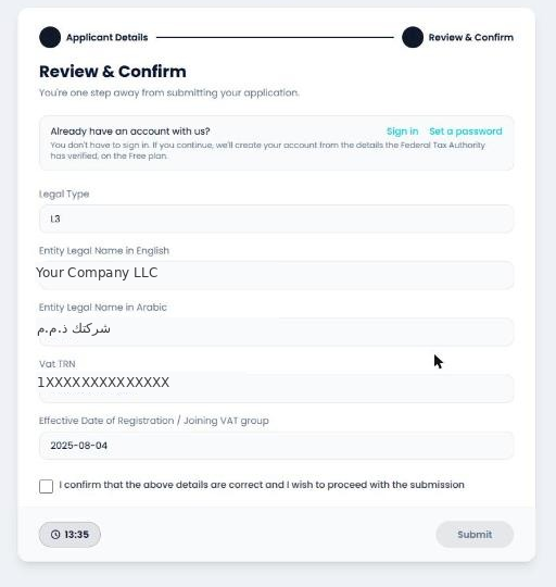 Review and Confirm for a VAT group member, showing the group's TRN rather than the member's own