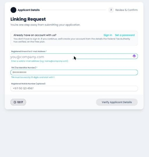 Step 1 showing an e-mail format error and a TIN format error, with the Verify button disabled