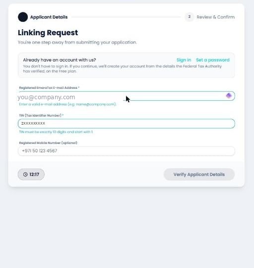 Step 1 showing an e-mail format error and a TIN format error, with the Verify button disabled
