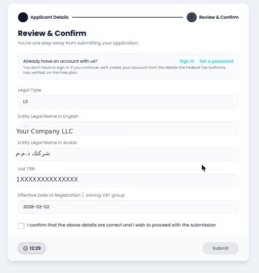 Step 2, Review and Confirm, with the FTA-returned details filled in and non-editable