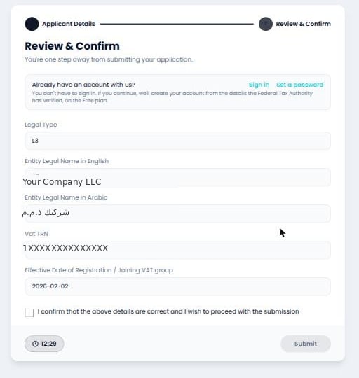 Step 2, Review and Confirm, with the FTA-returned details filled in and non-editable