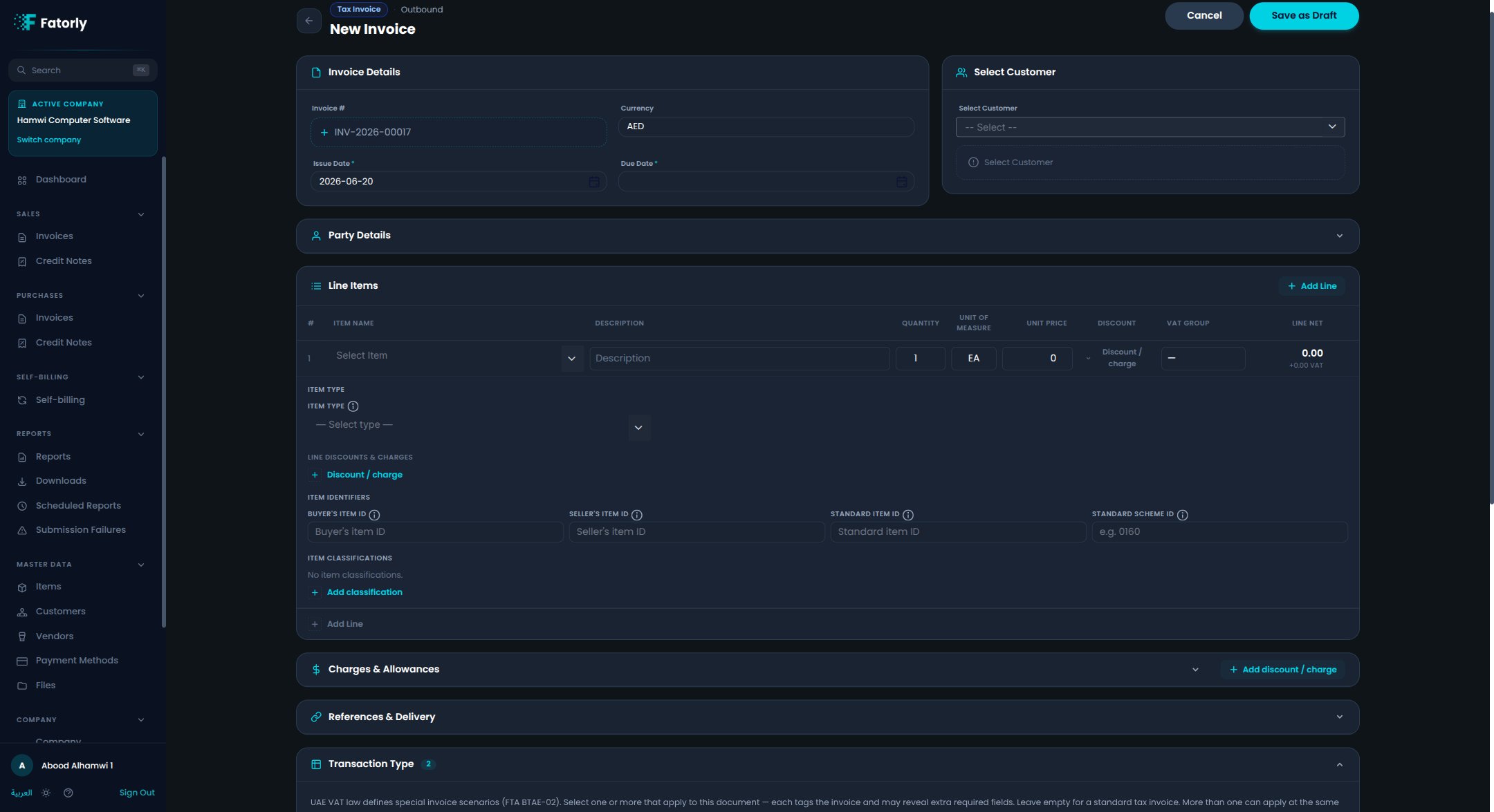 Expanded line item showing Item Type selector, item identifiers, and Item classifications