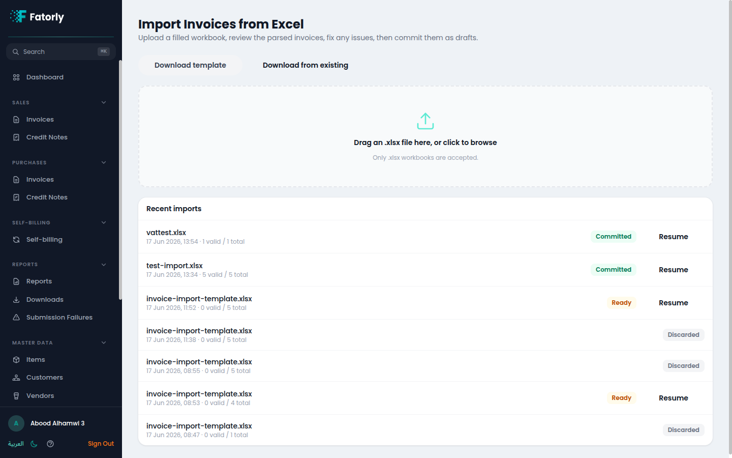 The Import Invoices from Excel screen with the upload area and a list of recent imports