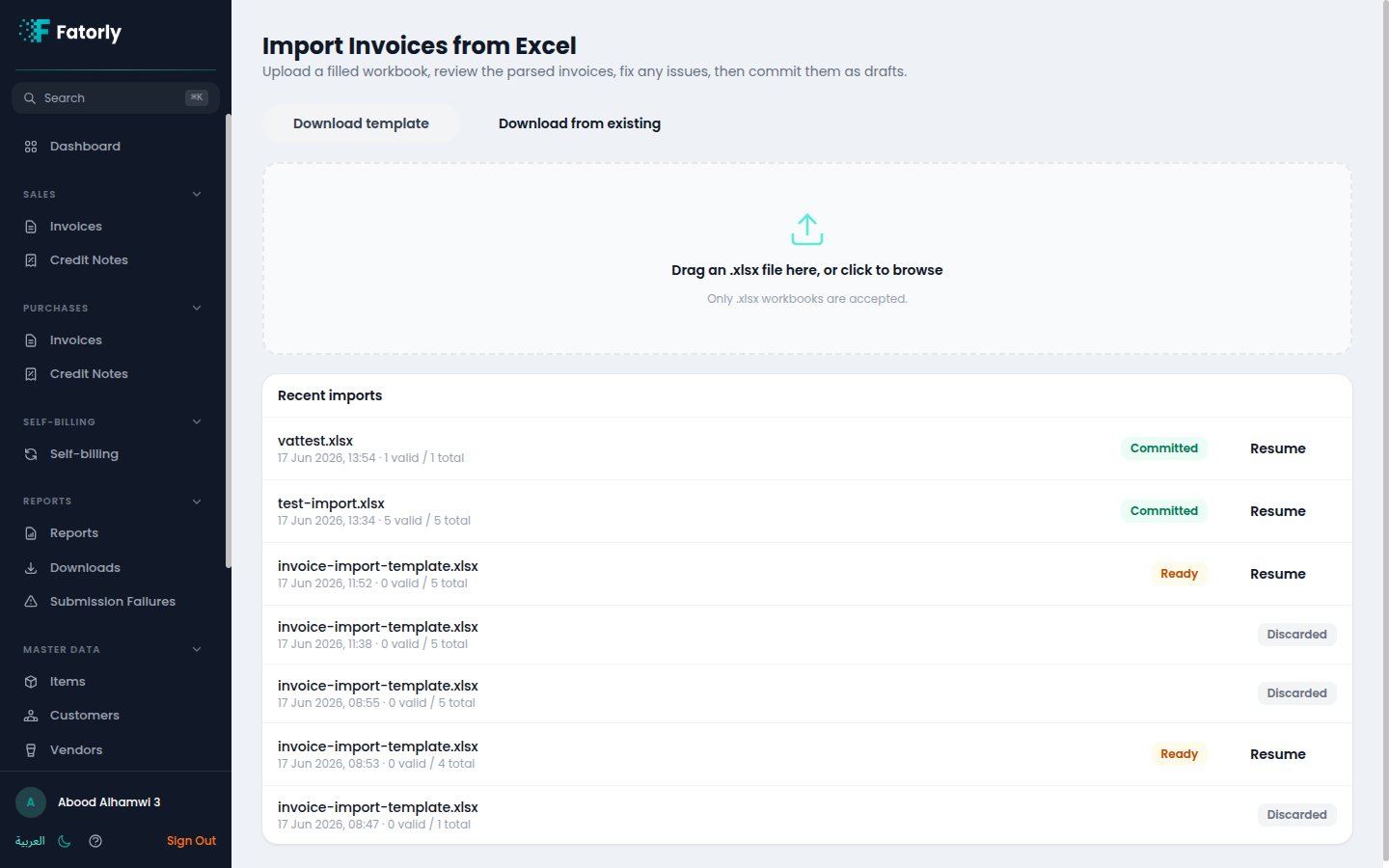 The Import Invoices from Excel screen with the upload area and a list of recent imports