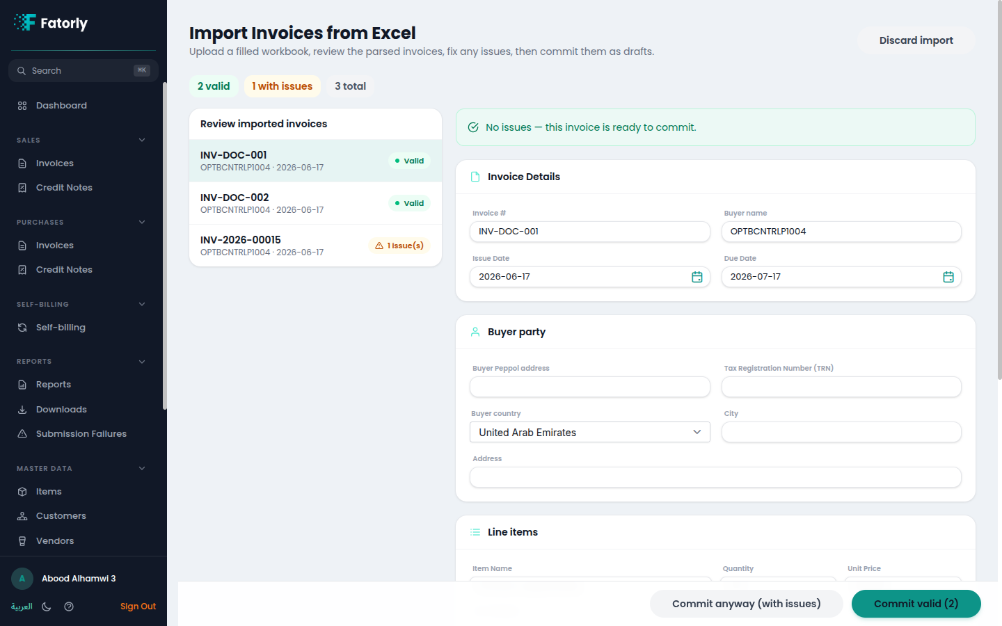 The import review screen — parsed invoices on the left, the correction editor on the right