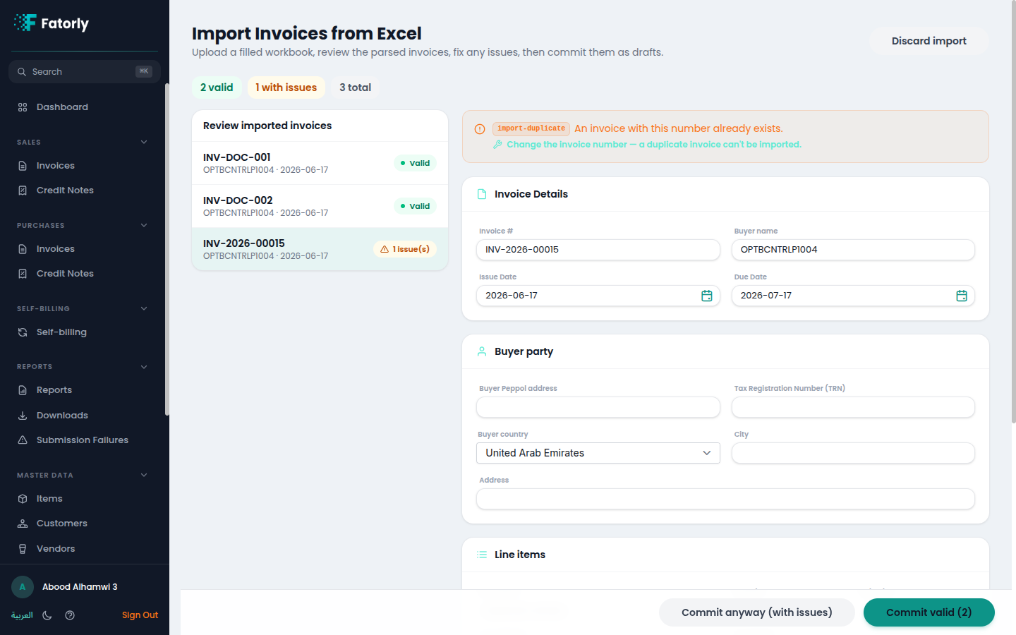 A staged invoice flagged because its number already belongs to an existing invoice