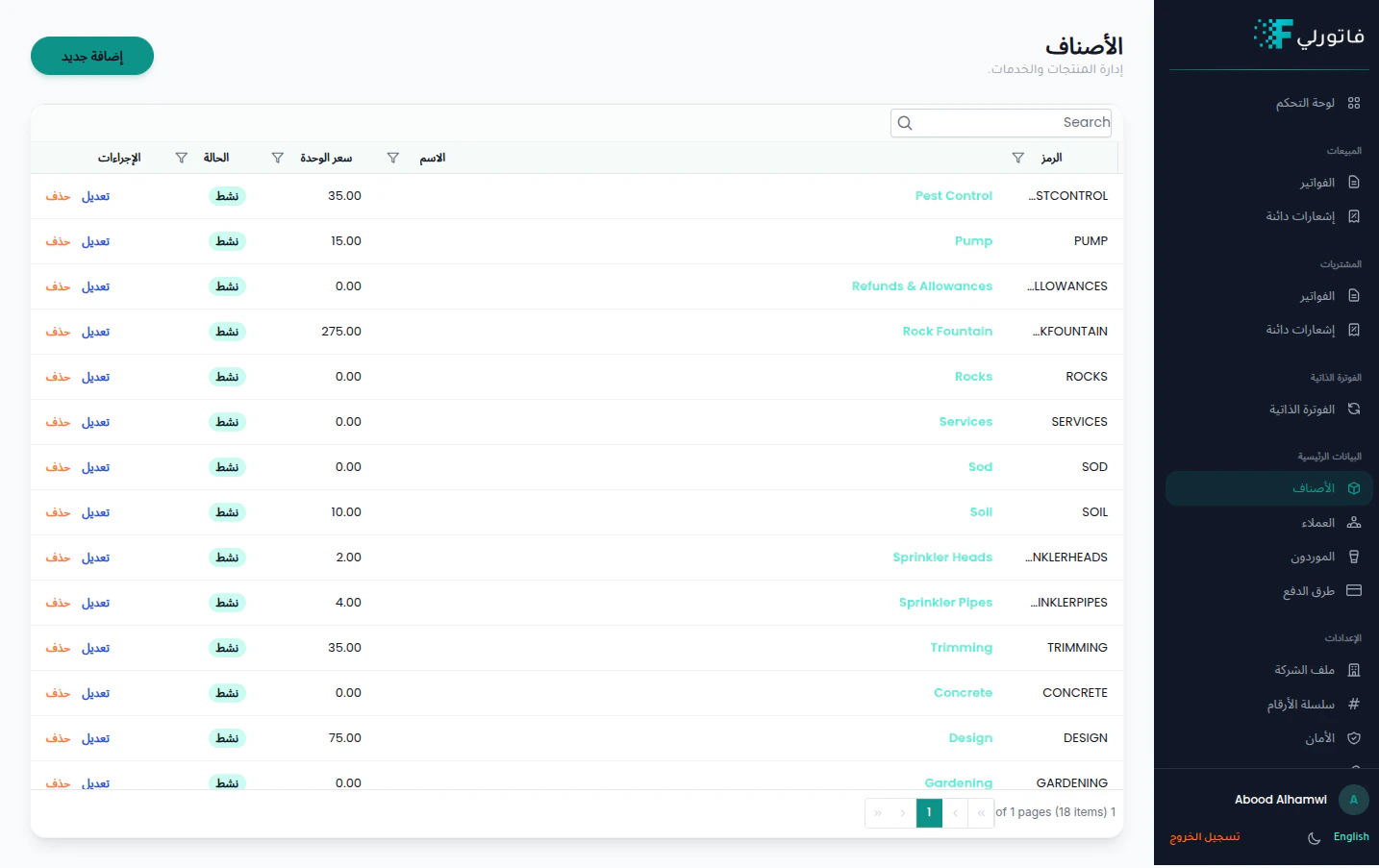قائمة الأصناف في فاتورلي