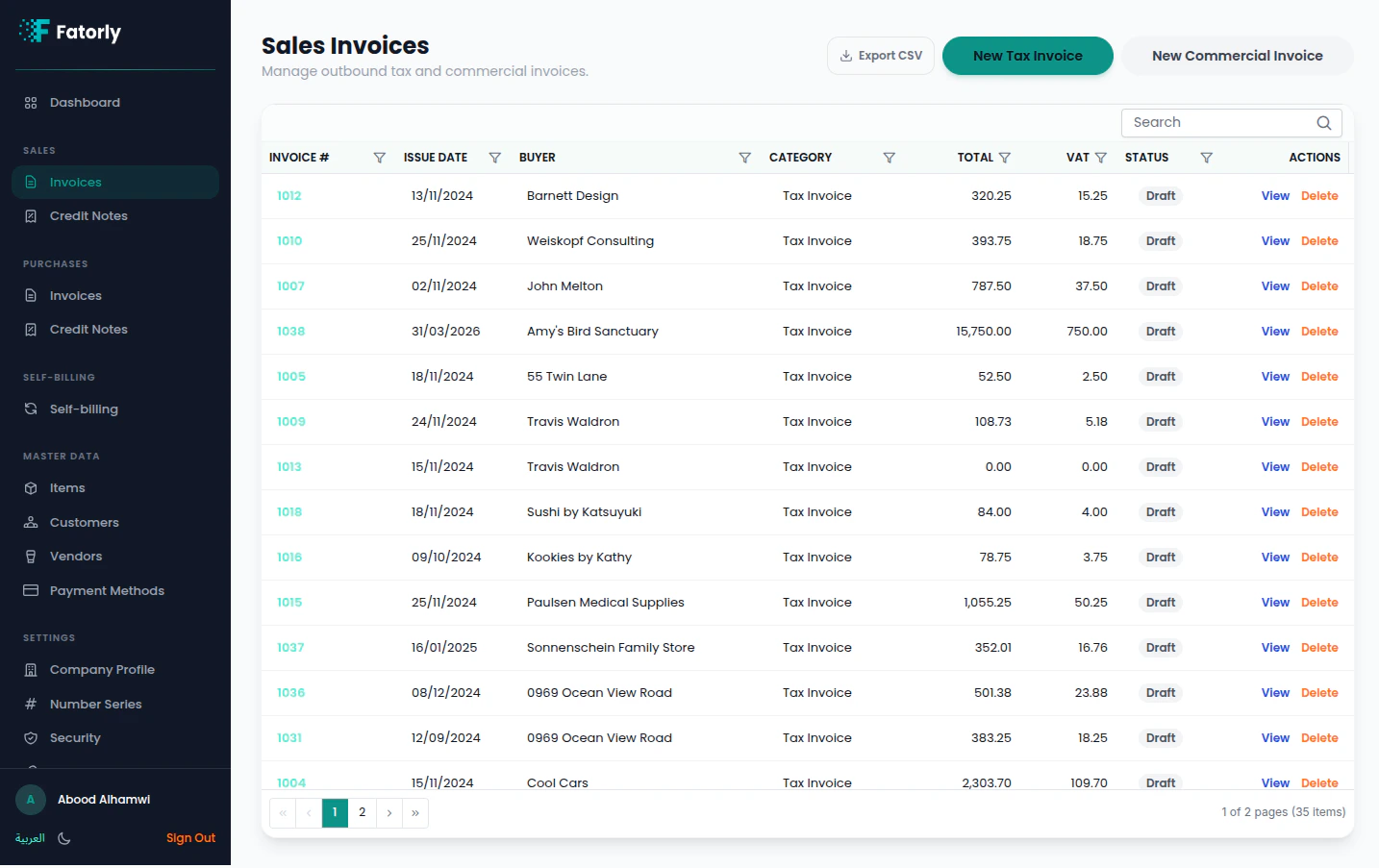Fatorly sales invoices list
