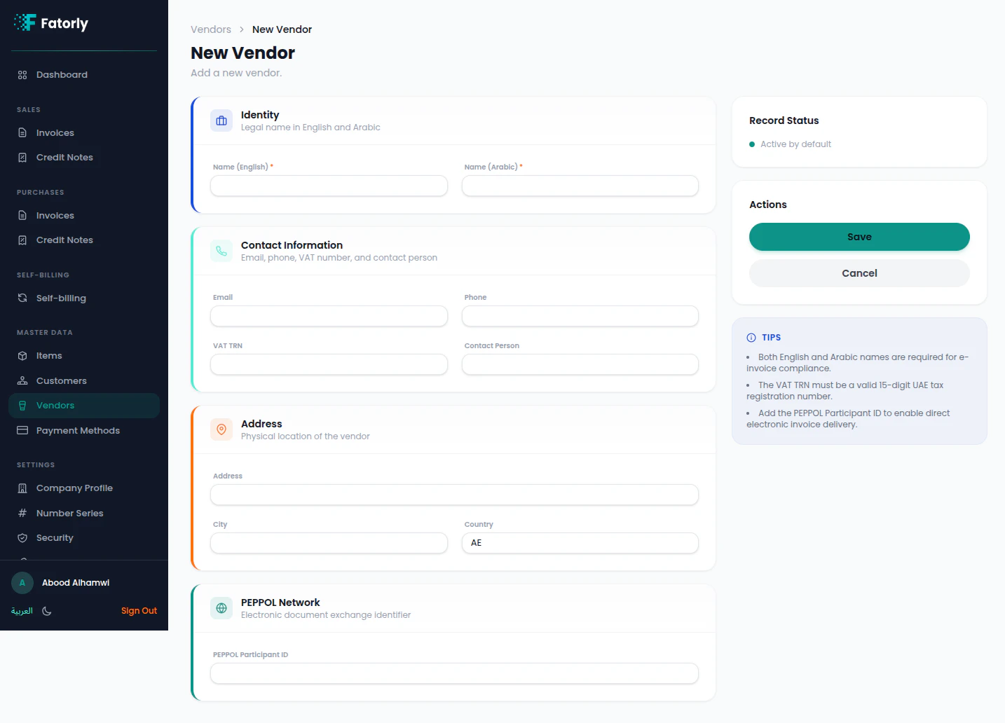 Fatorly new vendor form