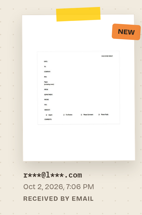 A fax card with an orange 'NEW' tag in its corner. Under the card are the masked sender r***@l***.com, the date and the label 'Received by email'.
