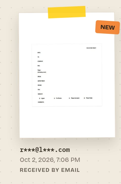 A fax card with an orange 'NEW' tag in its corner. Under the card are the masked sender r***@l***.com, the date and the label 'Received by email'.