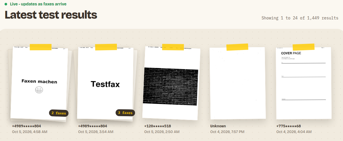 The live label 'Live - updates as faxes arrive', the heading 'Latest test results', the line 'Showing 1 to 24 of 1,449 results' and a row of five fax cards. Each card shows the first page of a test, a masked sender and a date. Two of the cards are stacks of a group, with the counts '2 faxes' and '3 faxes'.