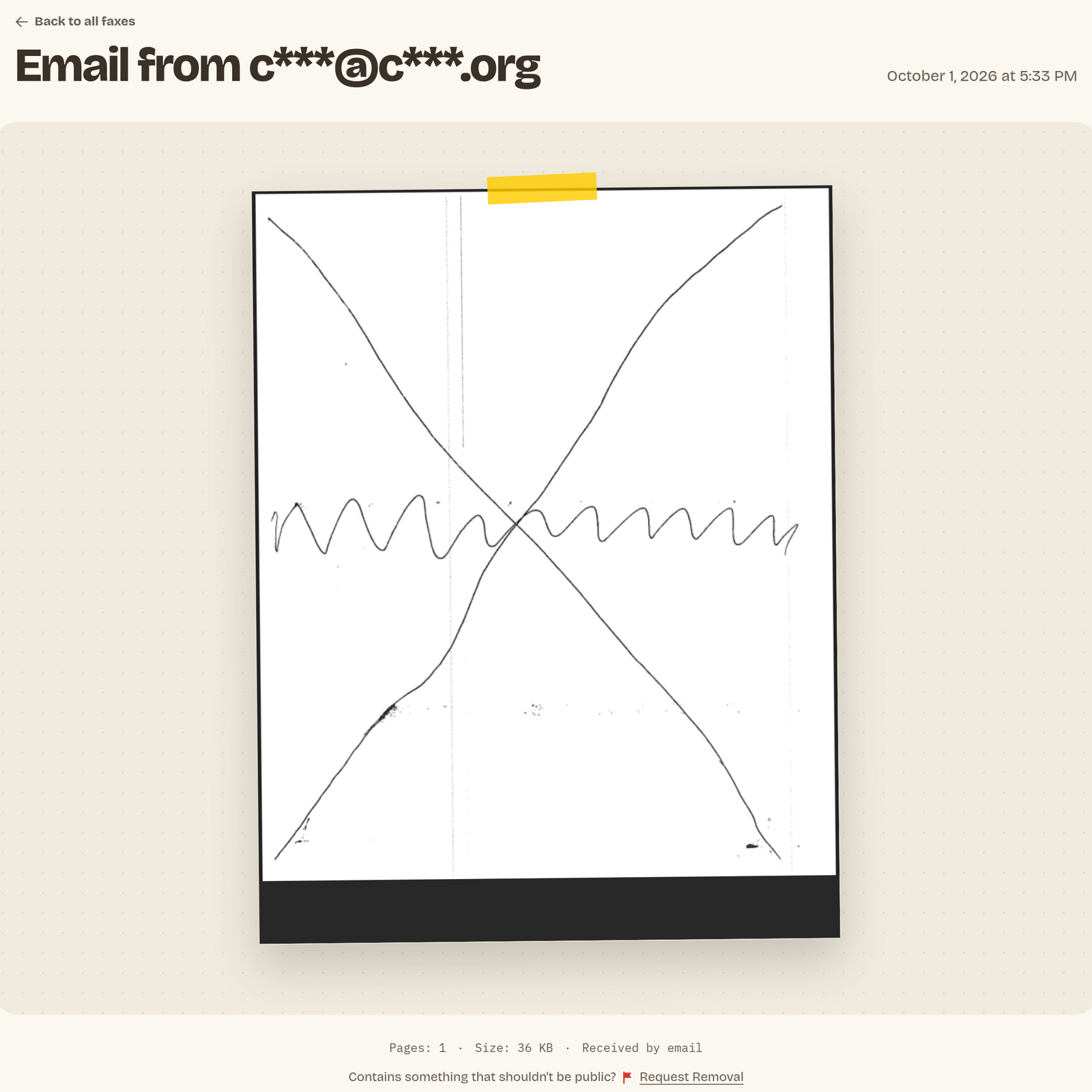 A fax page with the title 'Email from c***@c***.org', the date 'October 1, 2026 at 5:33 PM', the test page in a PDF frame, the line 'Pages: 1 · Size: 36 KB · Received by email' and the link 'Request Removal'.