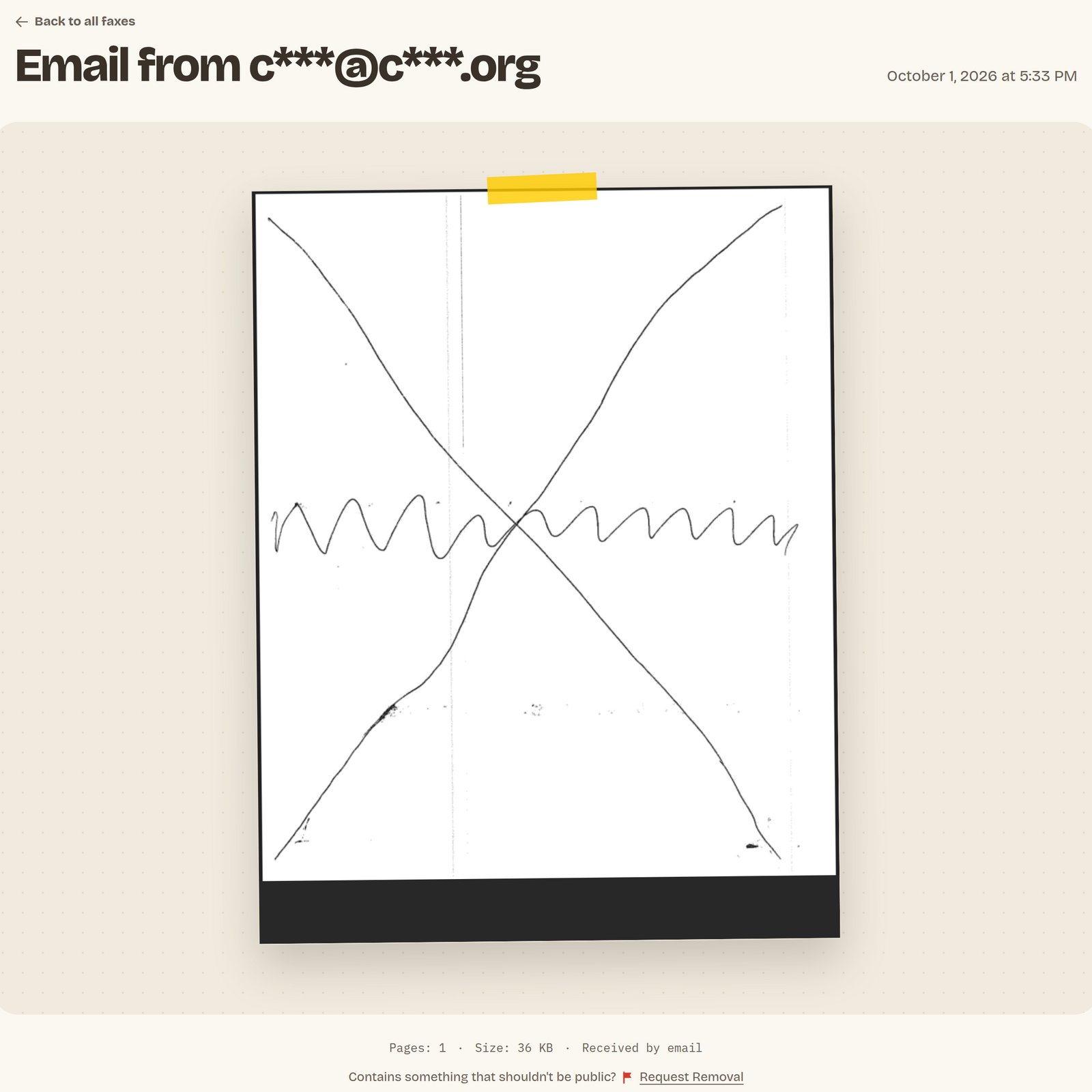 A fax page with the title 'Email from c***@c***.org', the date 'October 1, 2026 at 5:33 PM', the test page in a PDF frame, the line 'Pages: 1 · Size: 36 KB · Received by email' and the link 'Request Removal'.