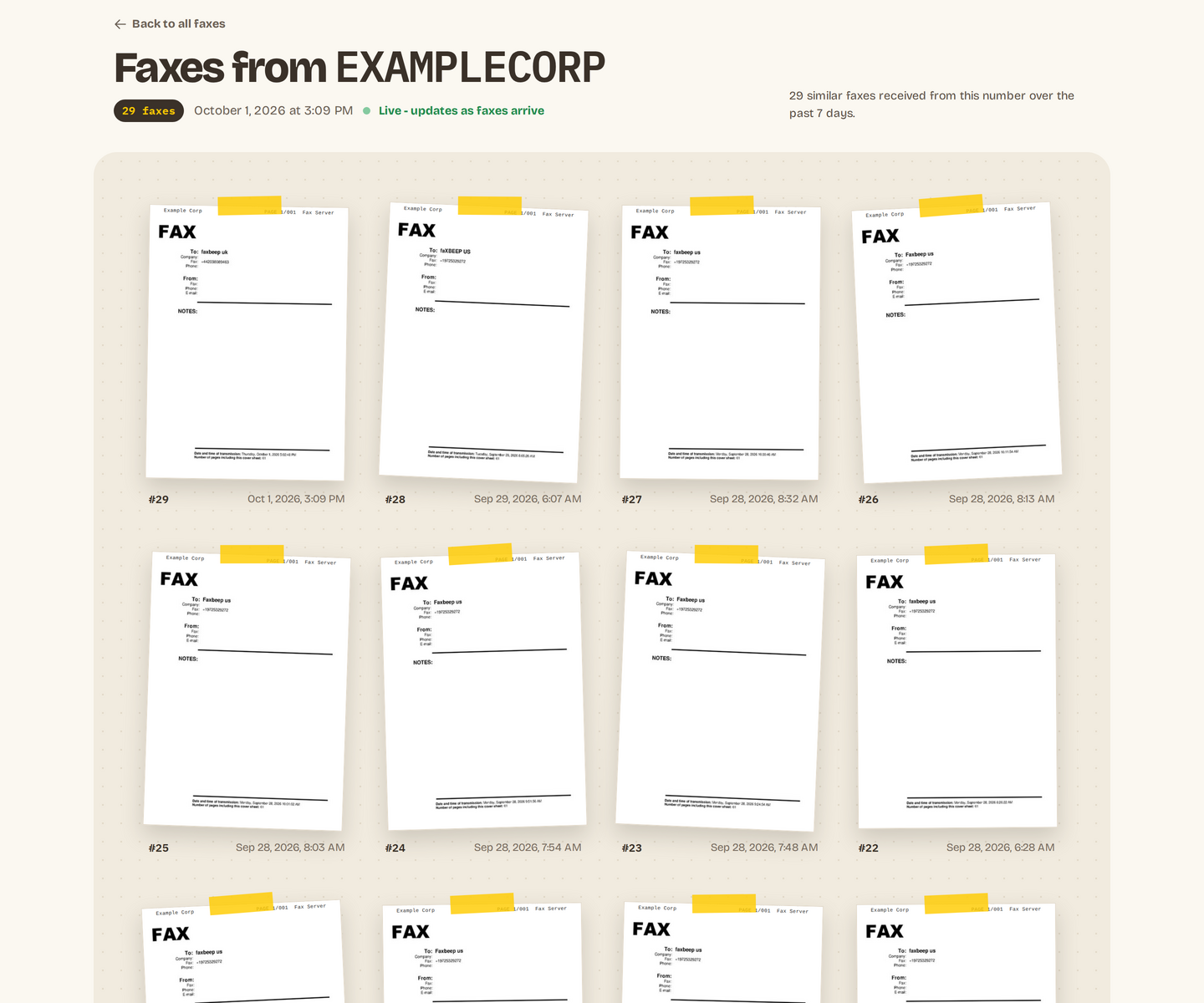 A group page with the title 'Faxes from EXAMPLECORP', the count '29 faxes', the date of the newest test, the label 'Live - updates as faxes arrive' and the line '29 similar faxes received from this number over the past 7 days.' Under it are cards numbered #29 down to #22, each with a fax cover sheet and a date. The name of the sender is replaced with an example name.