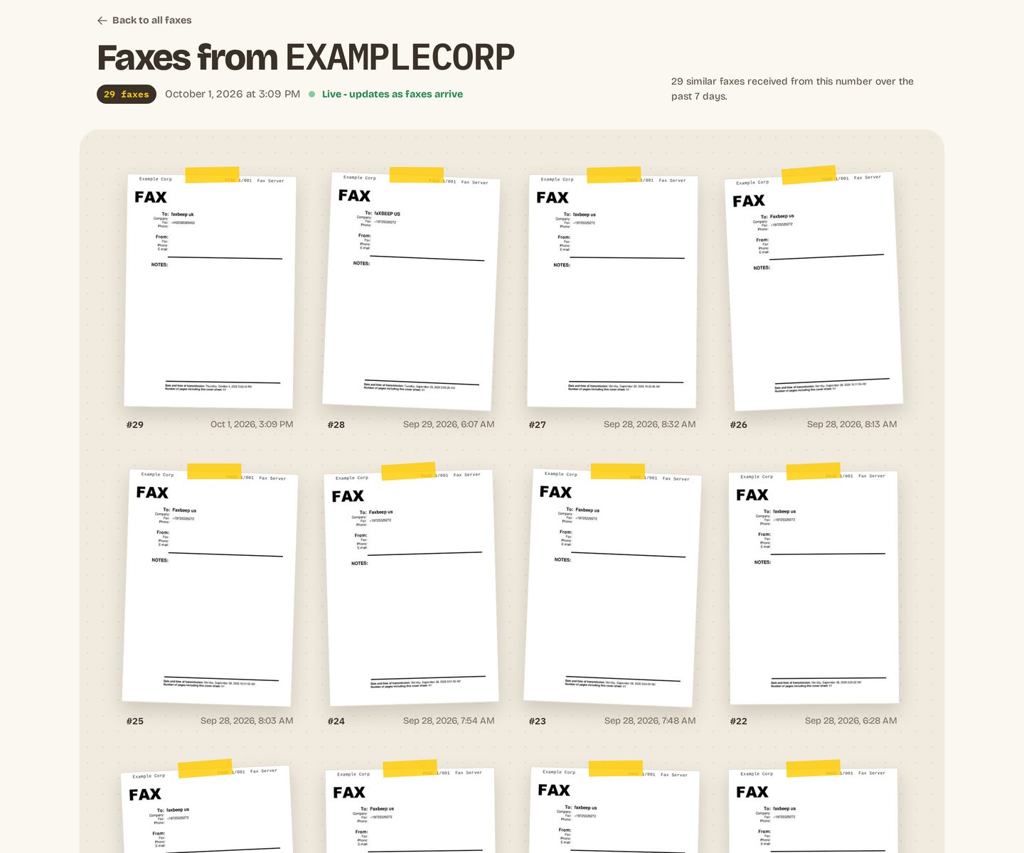 A group page with the title 'Faxes from EXAMPLECORP', the count '29 faxes', the date of the newest test, the label 'Live - updates as faxes arrive' and the line '29 similar faxes received from this number over the past 7 days.' Under it are cards numbered #29 down to #22, each with a fax cover sheet and a date. The name of the sender is replaced with an example name.