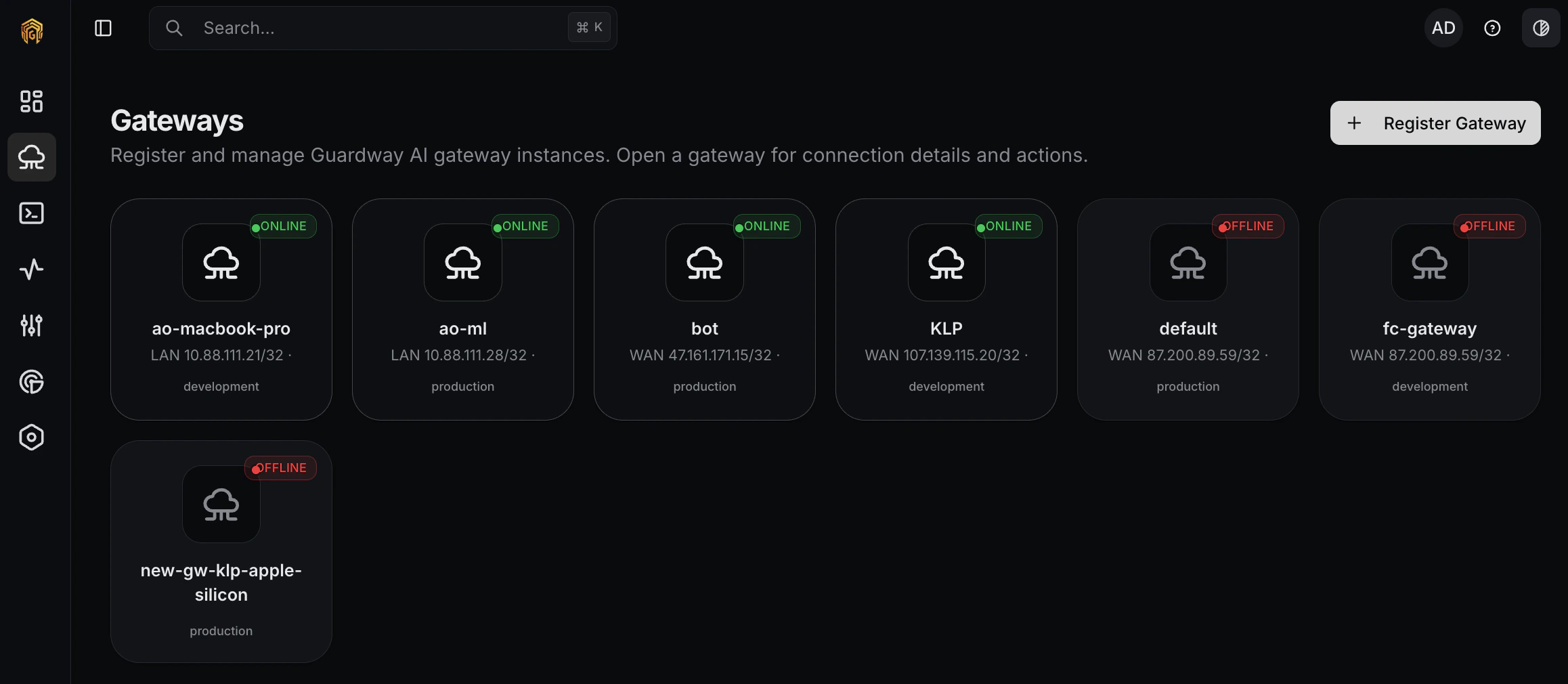Gateway healthy in the dashboard list