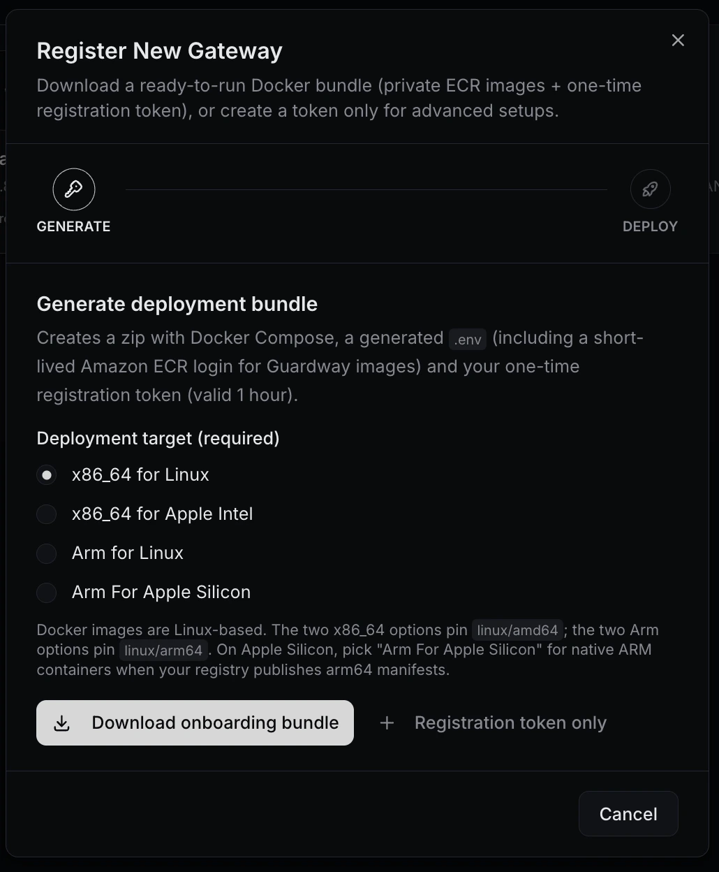 Register Gateway — Generate step (deployment target + onboarding bundle)