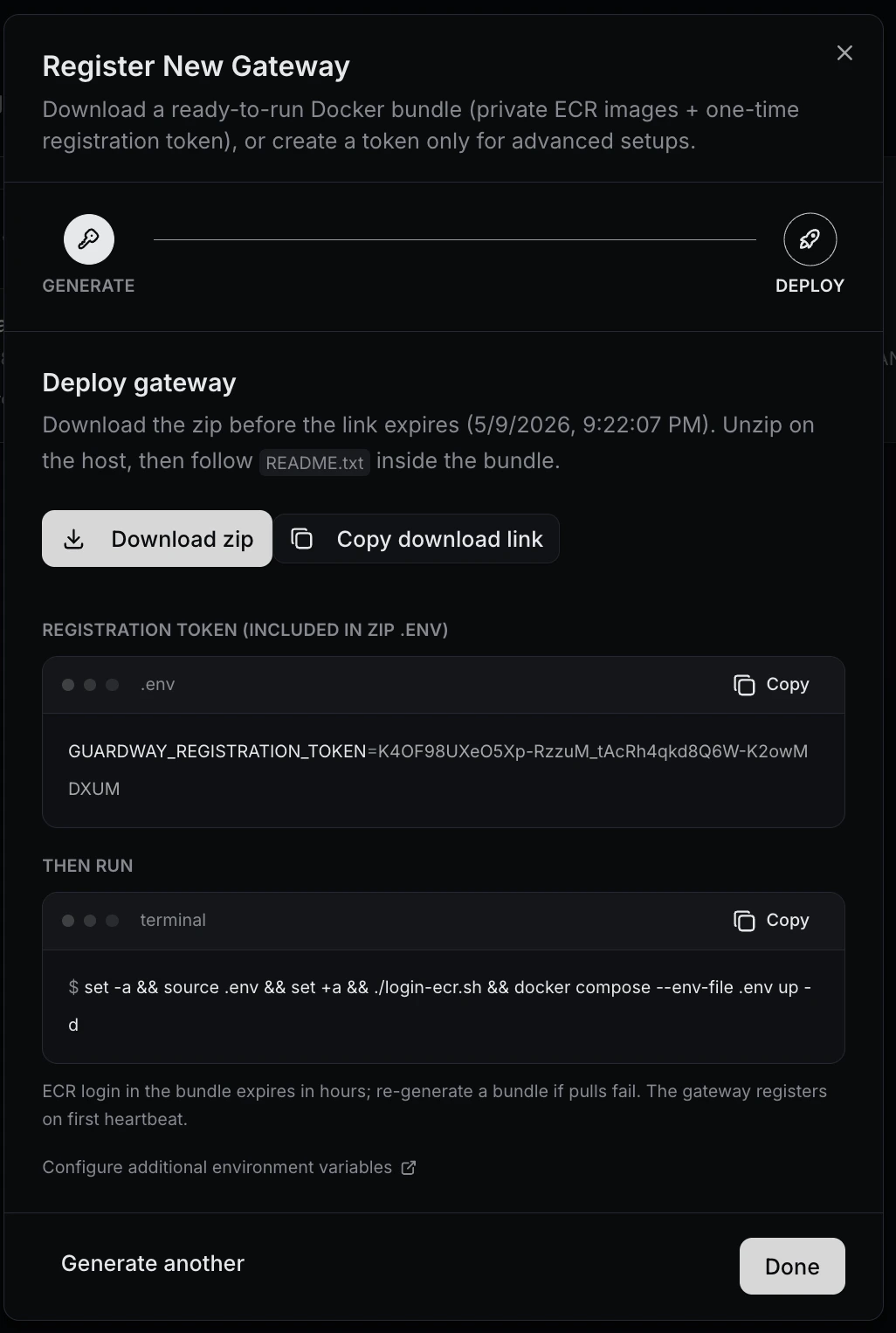 Register Gateway — Deploy step (download zip, registration token, run command)