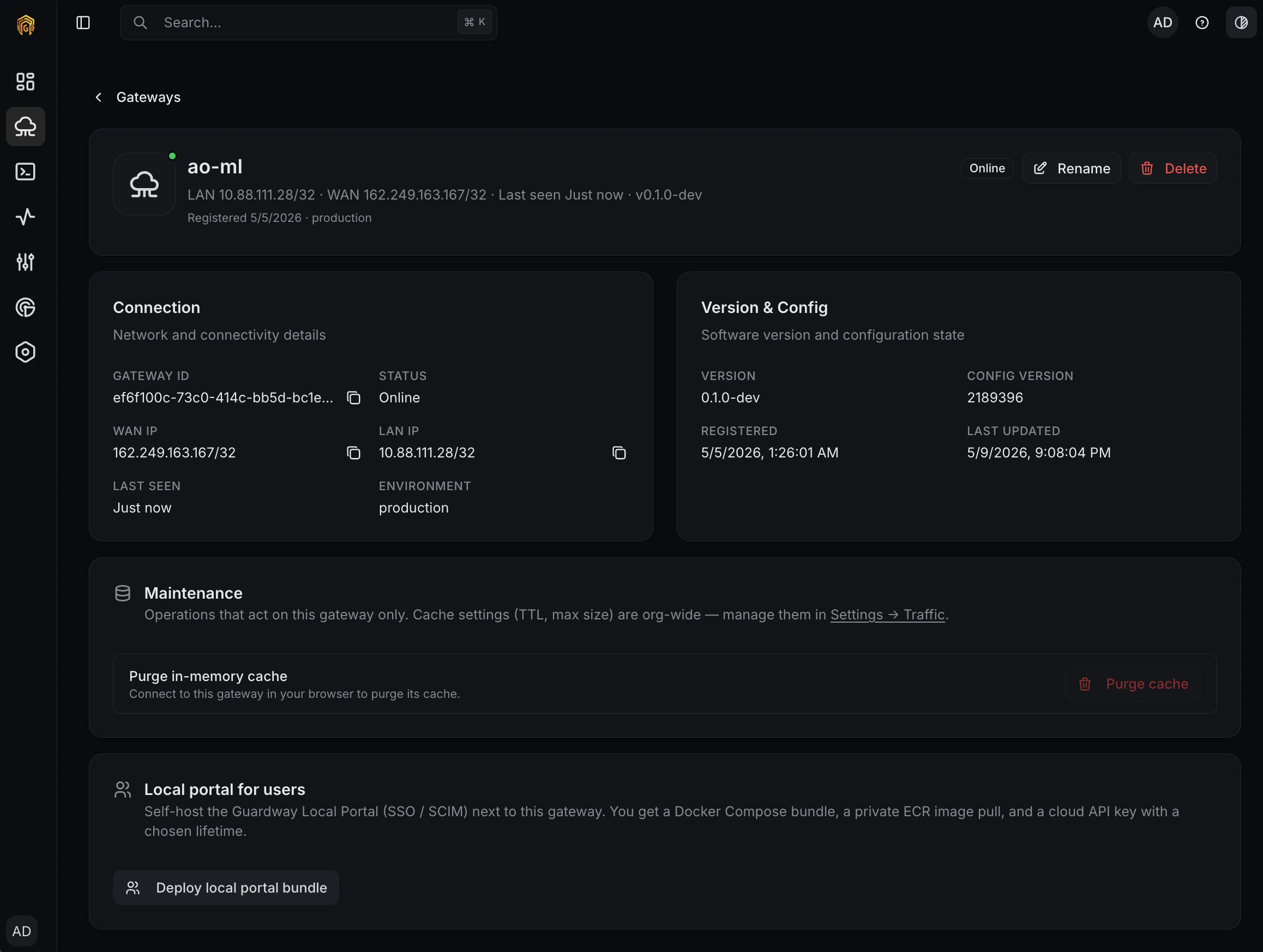 Gateway detail page — connection, version, maintenance, local portal