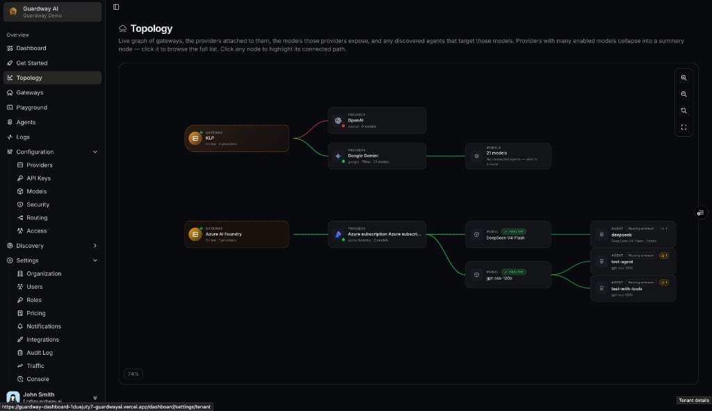 Topology graph with gateways, providers, models, and agents