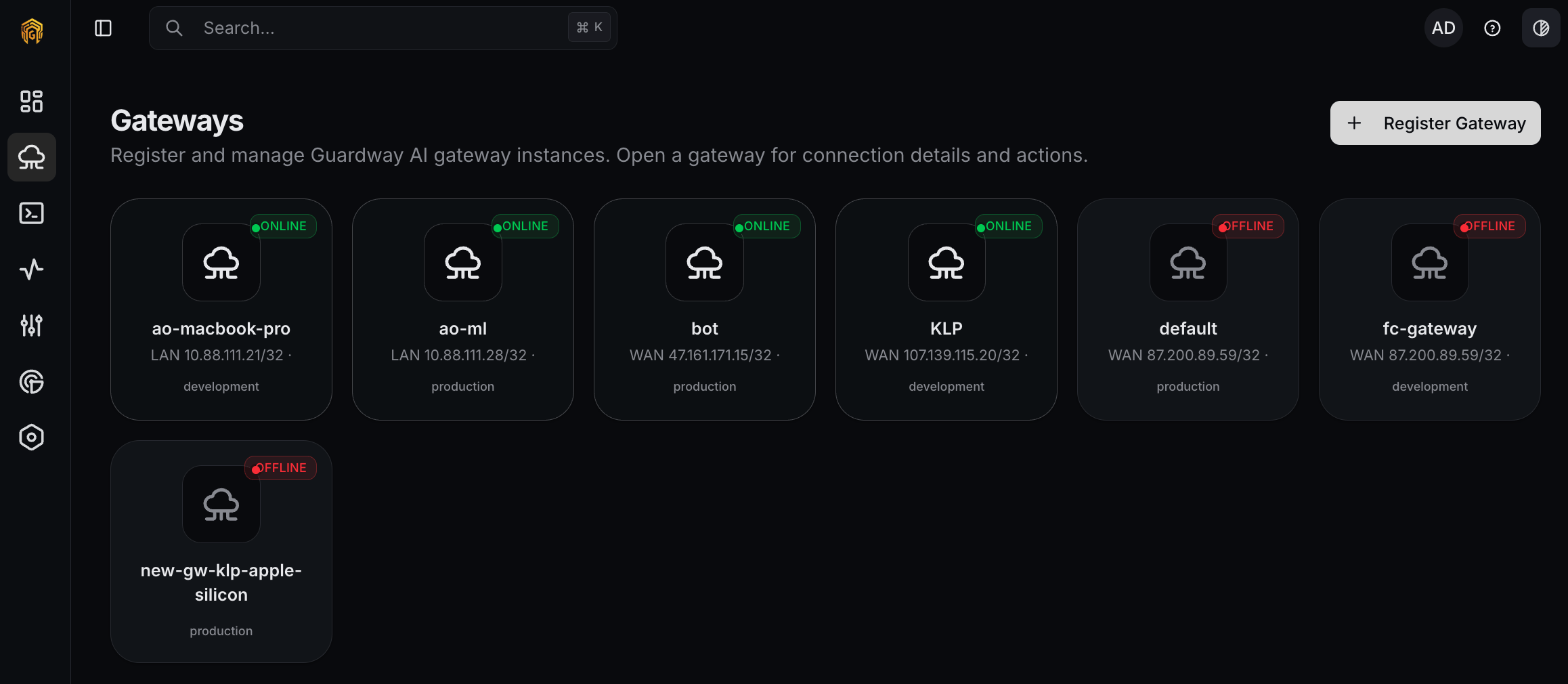 Gateway healthy in the dashboard list