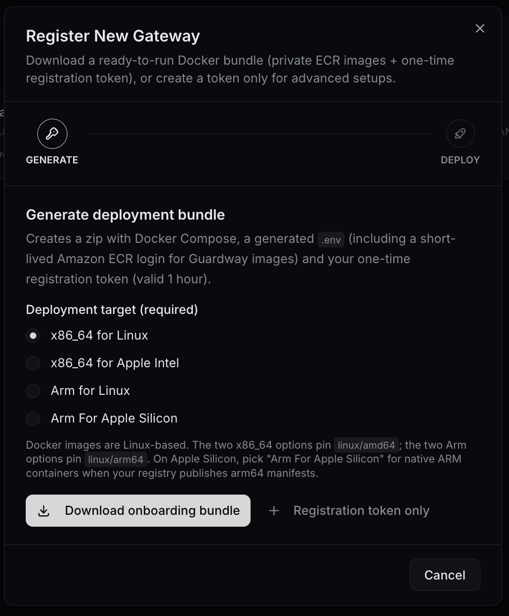Register Gateway — Generate step (deployment target + onboarding bundle)