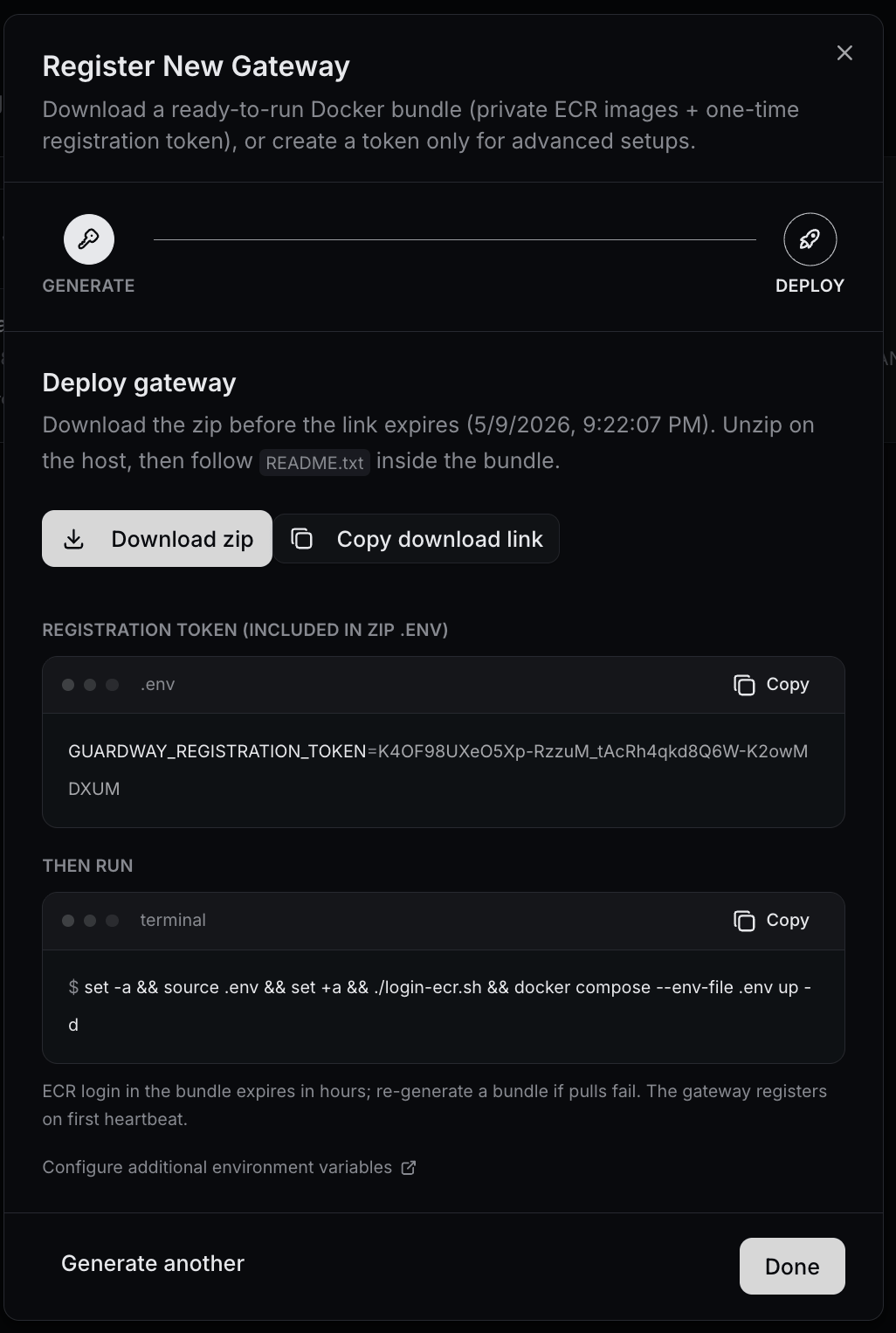 Register Gateway — Deploy step (download zip, registration token, run command)