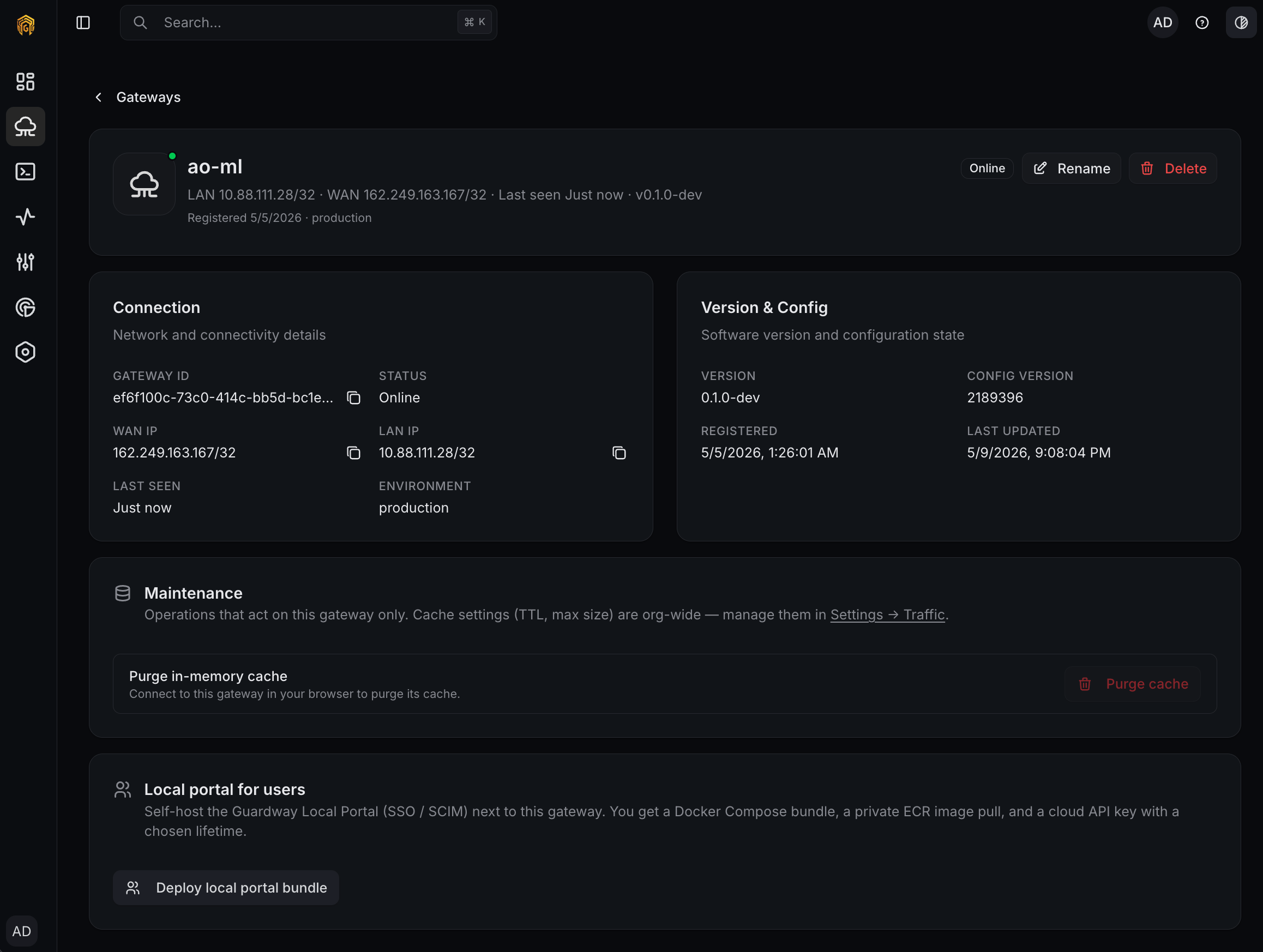 Gateway detail page — connection, version, maintenance, local portal