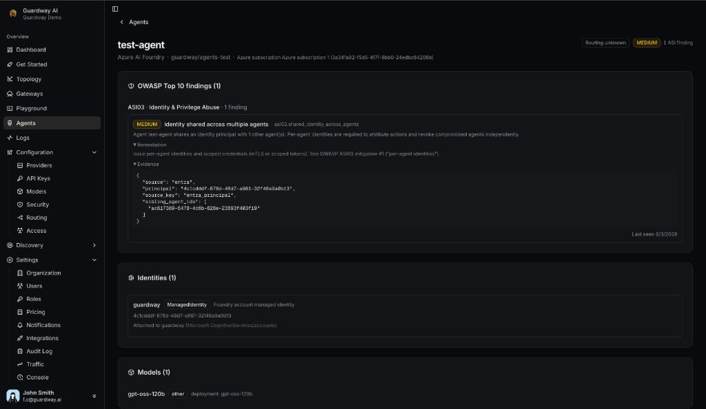 Agent detail with OWASP findings and Identities