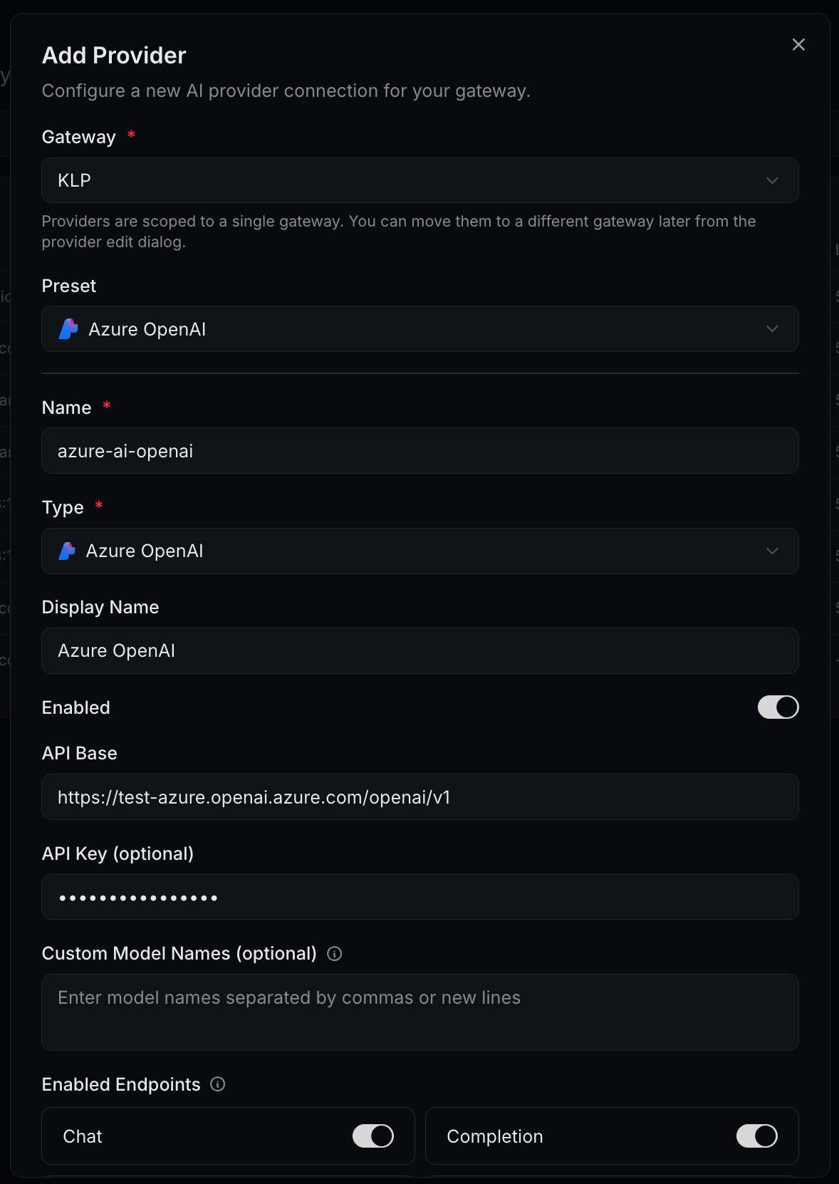 Add Provider — top fields