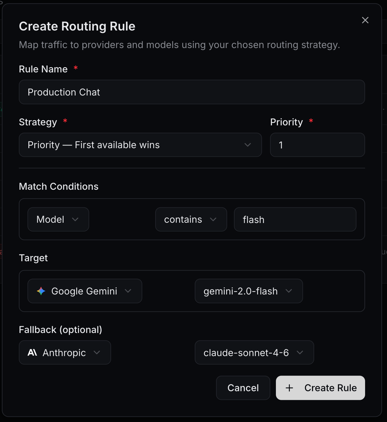Create Routing Rule dialog