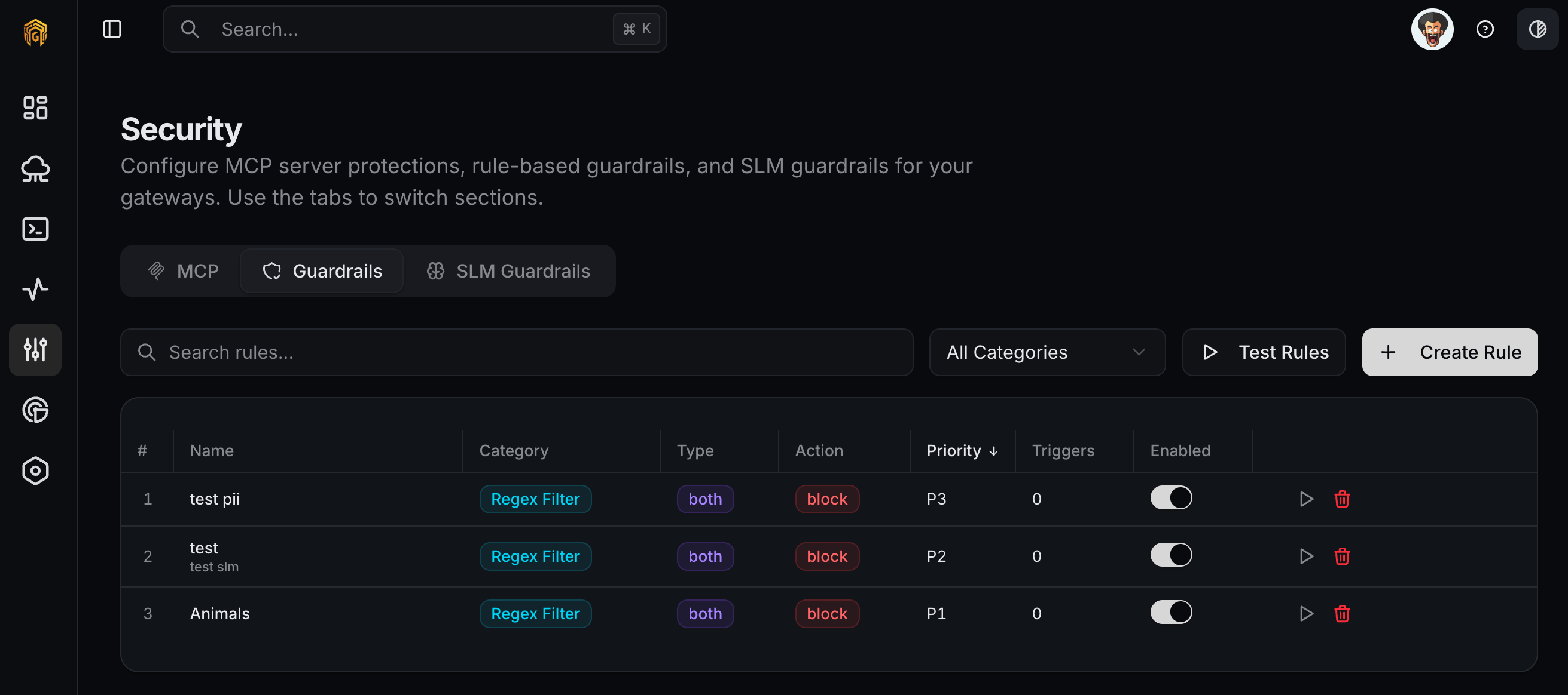 Guardrail rules list