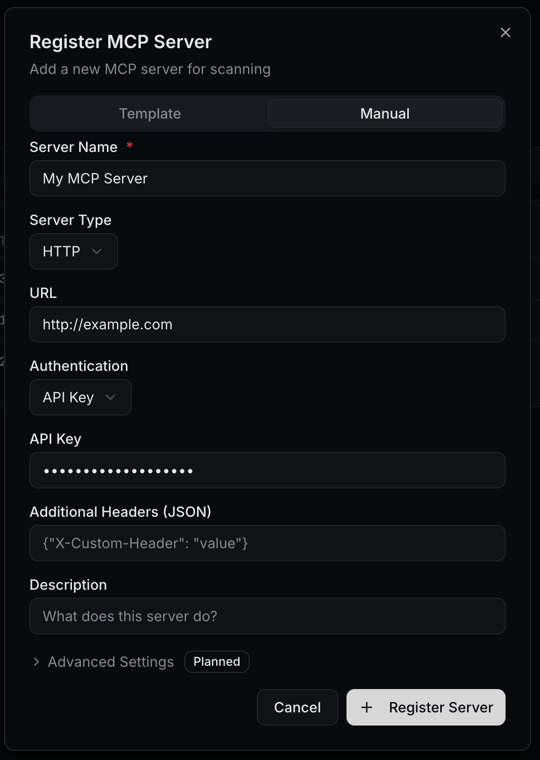 Register MCP Server dialog