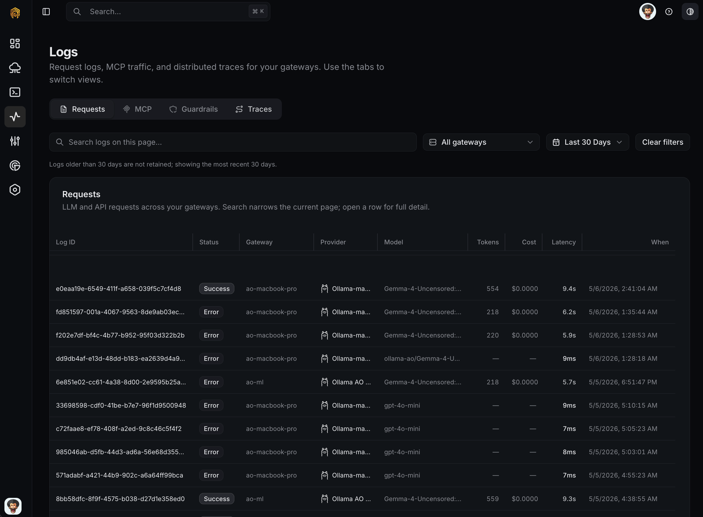 Requests log table