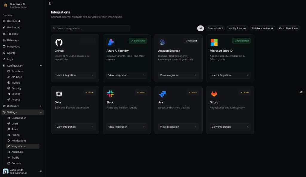 Integrations catalog with category filters